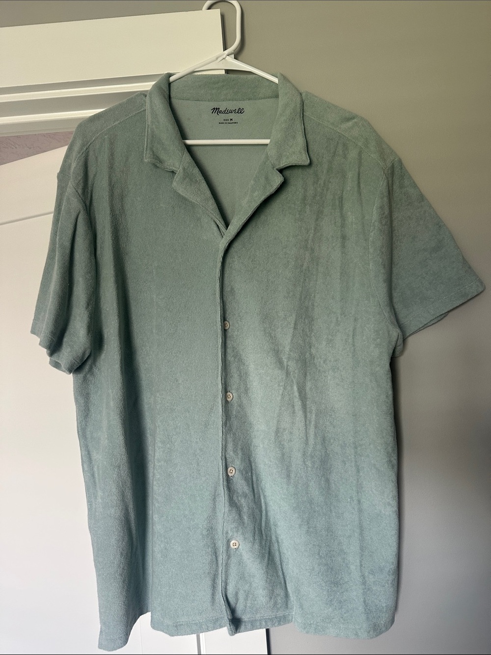 Madewell Men’s Short-Sleeve Button-Down Terry Towel Shirt in Sage Green